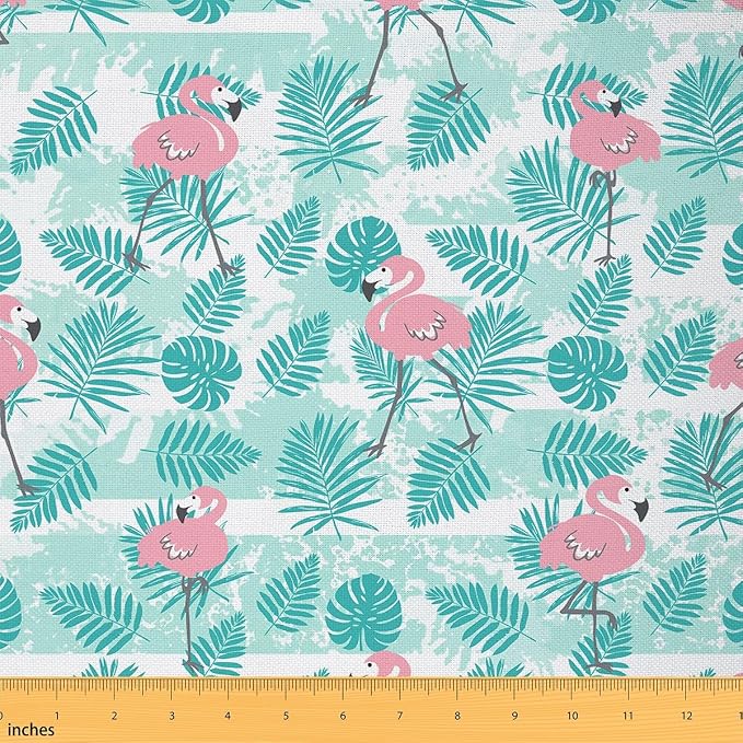 Pink Flamingo Fabric by The Yard, Tropical Palm Leaves Flannel Polyester Fabric by CastleFairy