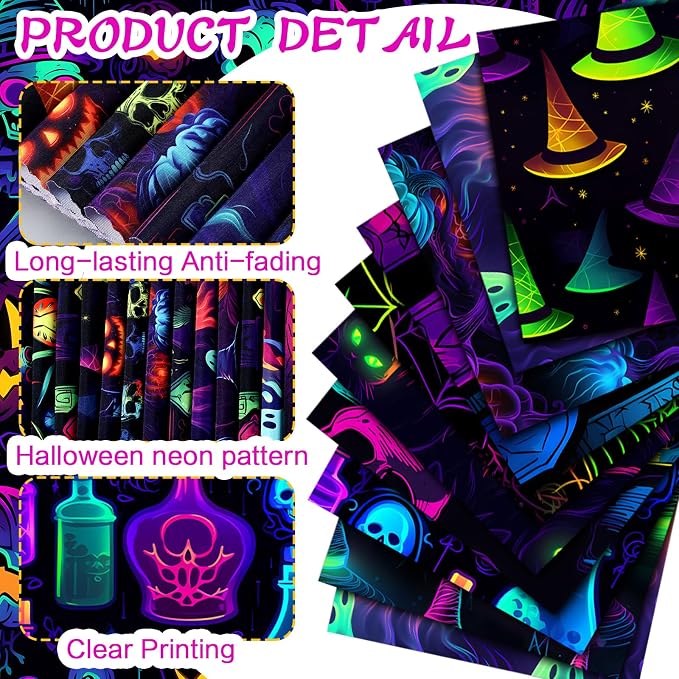 HunnmingRe 20 Pcs 10''x10'' Neon Halloween Quilting Fabric Square Spooky Ghost - Image 5