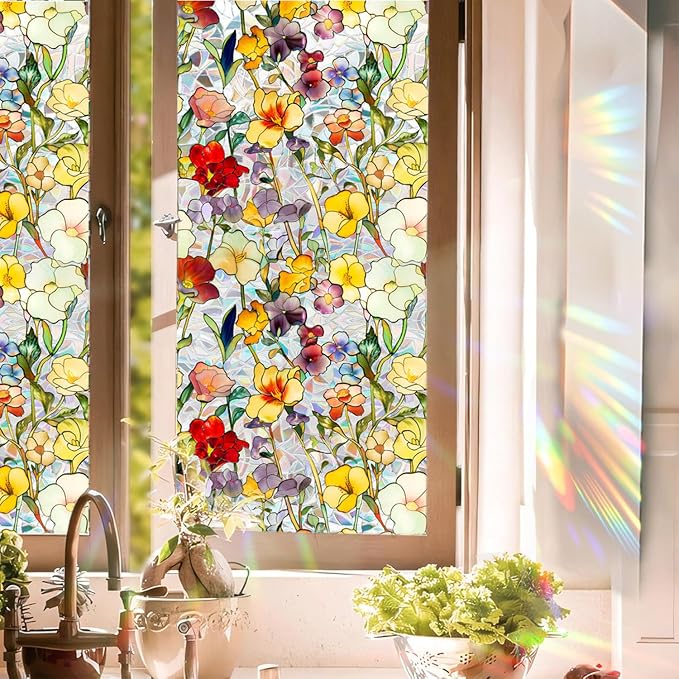 Floral Stained Glass Window Privacy Film, Retro Decorative Rainbow Window by UQRUI