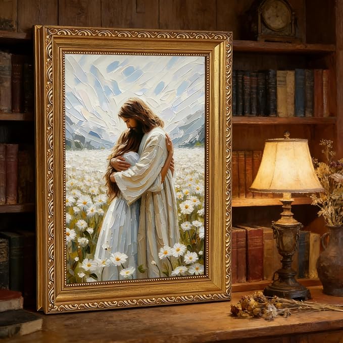 Vintage Gold Framed Jesus Wall Art Jesus Hugging Girl Wall Decor God Embracing - Image 3