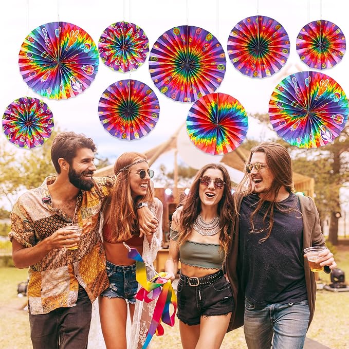 Outus Tie Dye Party Supplies Groovy Hippie Hanging Paper Fans Classroom - Image 5