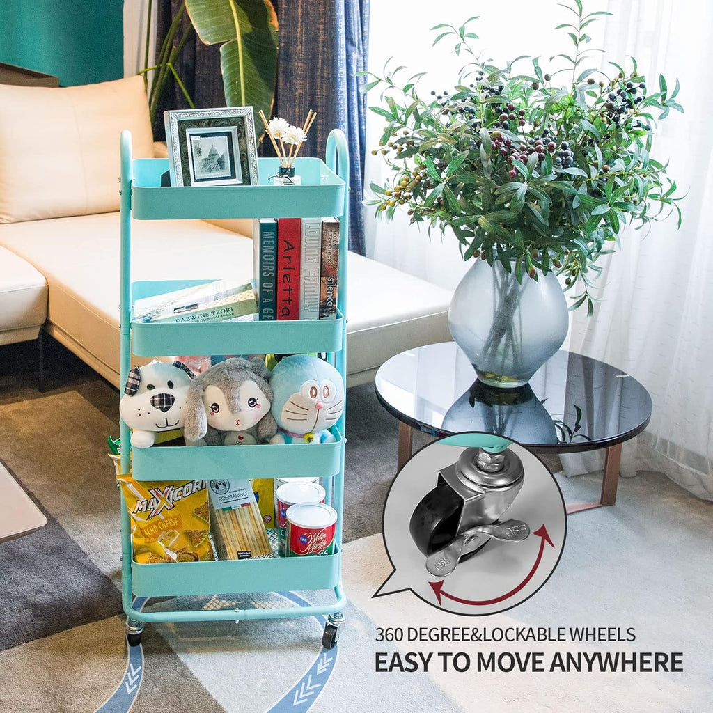 elabo 4-Tier Metal Mesh Utility Rolling Cart, Storage Organizer Trolley Services Cart with Lockable Wheels for Kitchen, Bathroom, Living Room (Blue)