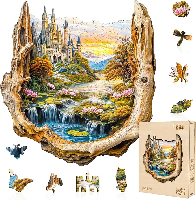 Wooden Puzzles for Adults Fantasy Castle Waterfall Driftwood Puzzles 100 Pieces by Jollitot
