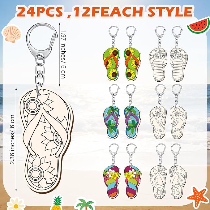 RattanView 24 Pcs Flip Flop Slipper Craft Color Your Own Keychains DIY Craft - Image 2