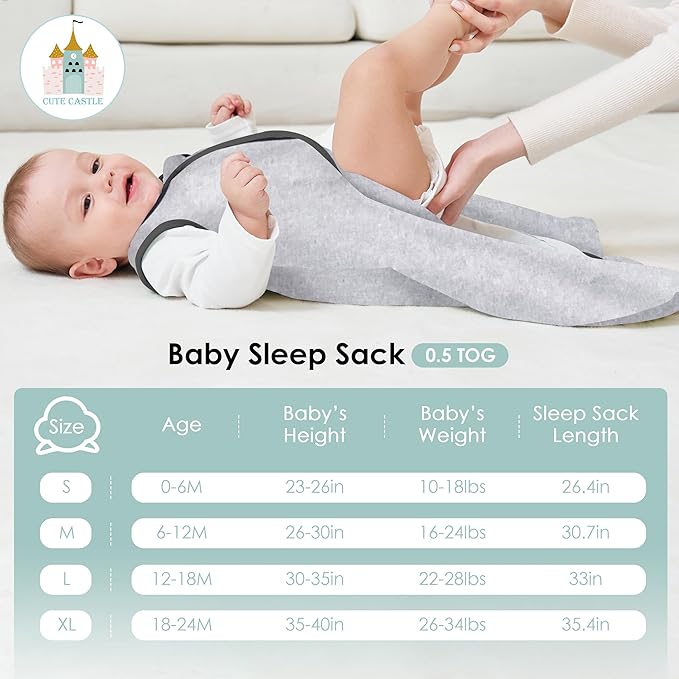 Cute Castle Baby Sleep Sack 0-6 Months - Lightweight 100% Cotton 2-Way Zipper TOG 0.5 Infant Wearable Blanket, Newborn Essentials Toddler Sleep Clothes, 3 Pack(Dark gray, Light gray, Bear)