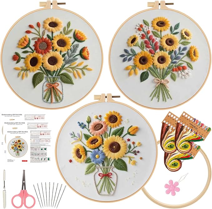 Herdiese Embroidery Kits for Beginners & Adults, 3 Sets Sunflower Patterns | by Unknown