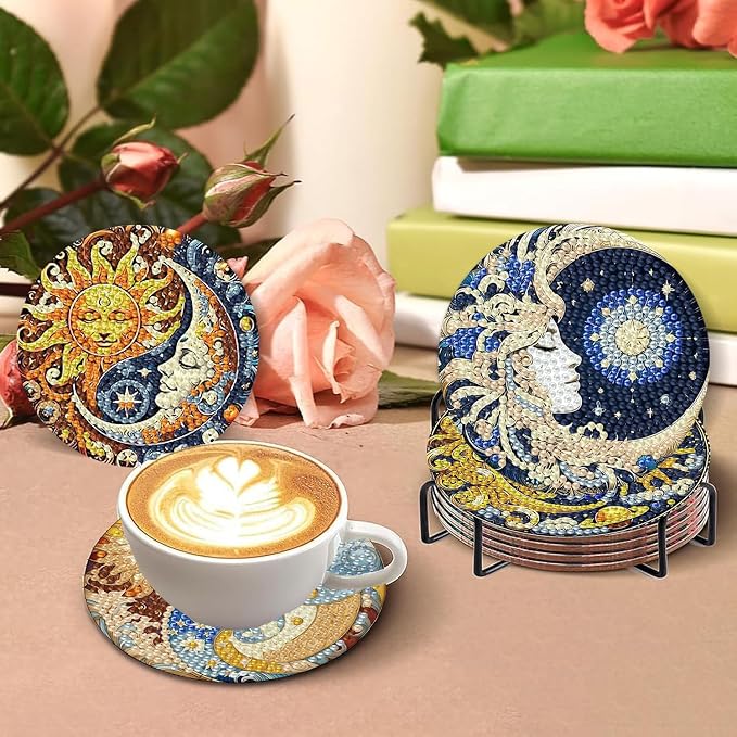 8 PCS Diamond Art Coasters Kits Sun and Month Diamond Painting Coaster | - Image 5