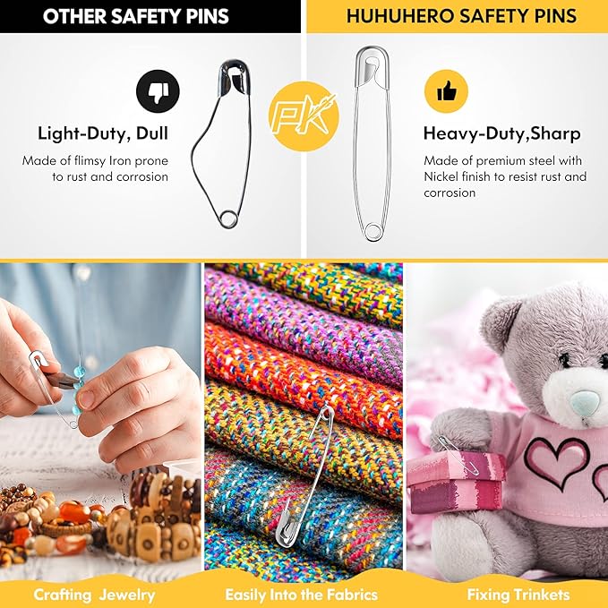 Huhuhero 200Pcs Safety Pins for Clothes, 2.2 inches Large Heavy Duty Safety Pins - Image 7