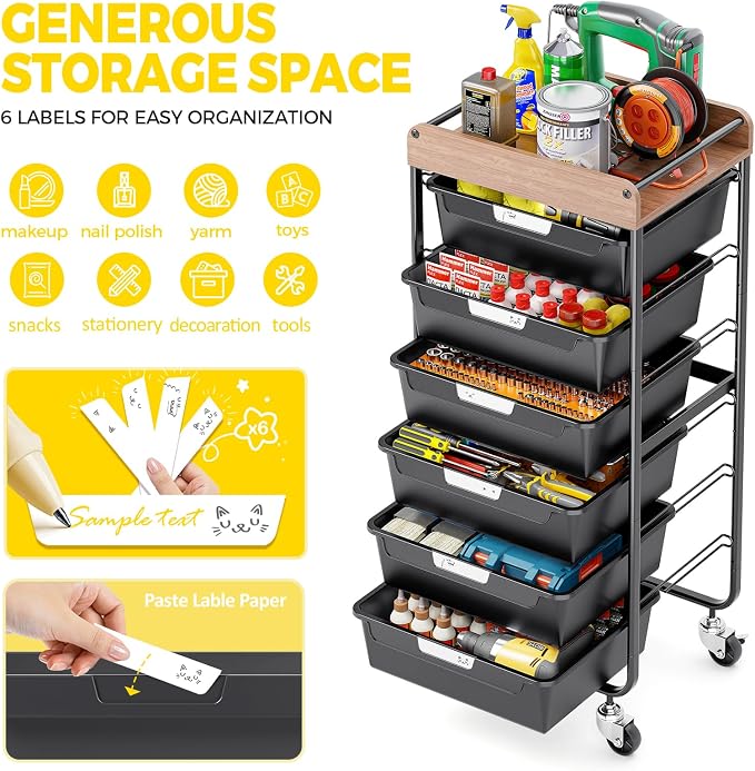 SYKIARIOL Utility Cart with 6 Labeling Drawers and Wooden Tabletop – Rolling - Image 5