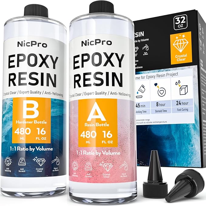 Nicpro 32 Ounce Crystal Clear Epoxy Resin Kit, Food Safe DIY Starter Epoxy Resin by Nicpro