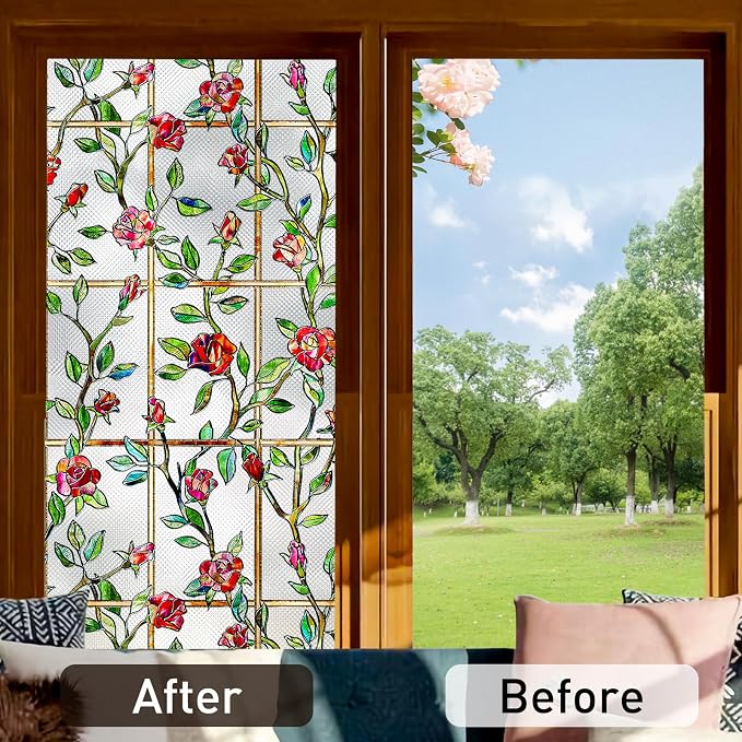 Coavas Window Privacy Film Stained Glass Window Clings 3D Red Rose Decorative - Image 6