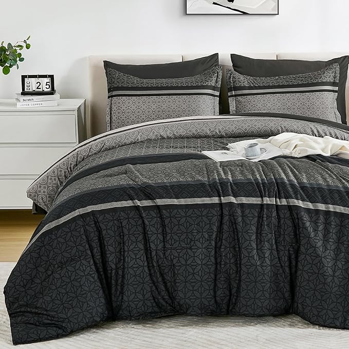 WONGS BEDDING Comforter Set Full Size, Dark Grey Striped 7 Pieces Bed in a Bag by WONGSBEDDING