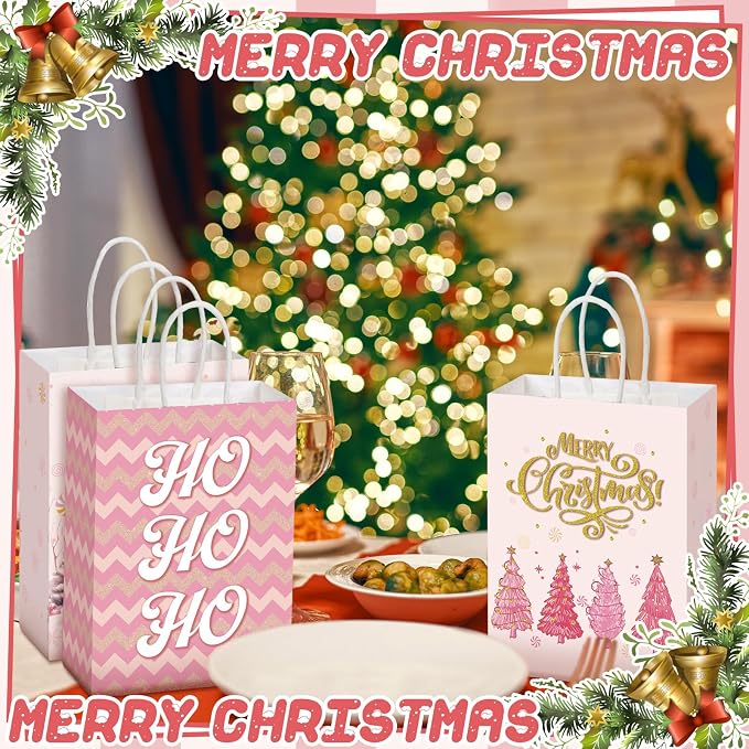 Kolldenn 24 Pcs Pink Christmas Party Favors Bags Christmas Goodie Gift Bags - Image 5