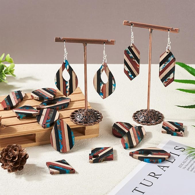 FASHEWELRY Striped Resin Wood Earrings Charms Rhombus Teardrop Kite Wooden - Image 2