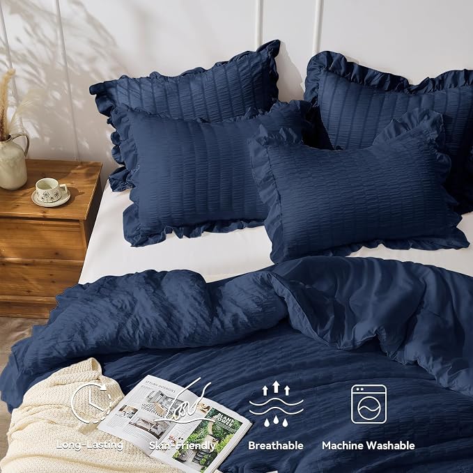 JOLLYVOGUE Navy Blue Queen Comforter Set, 3 Pieces Seersucker Comforters Queen - Image 3