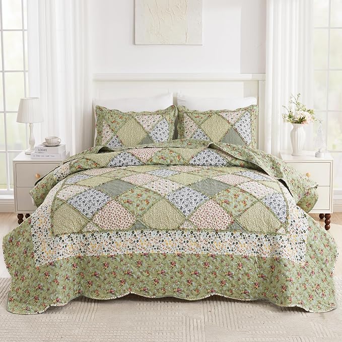 VIVILINEN Full Queen Size Green Patchwork Quilt Set Reversible Quilted - Image 2