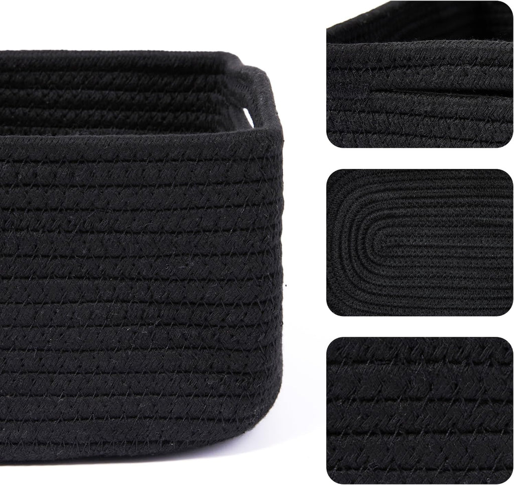 Small Storage Baskets for Organizing | Closet Organizer Bins | Shelf Toy Basket | Woven Rope Baskets | Cube Decorative Box | Shallow Basket | 13x8.5x5.1” | 3 Packs Black