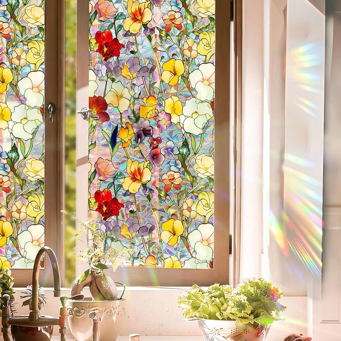 Stained Glass Window Film UV Resistant Window Privacy Film Colorful Floral by Aomkmi
