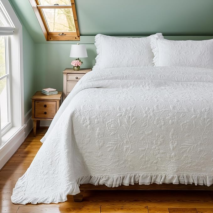 Brandream White Quilt Set Cotton Queen Size Shabby Chic Cottagecore Bedding by Brandream