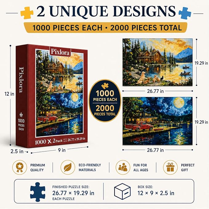 Puzzles for Adults 1000 Pieces, 2 Pack Lake Cabin and Moonlight Jigsaw Puzzles - Image 2