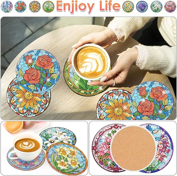 ijbnhd 8 PCS Flowers Diamond Art Coasters | Diamond Painting Coasters Kits - Image 3