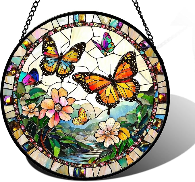 DASTOLL Stained Glass Window Hanging, Butterflies Flying in the Sky Suncatcher by DASTOLL