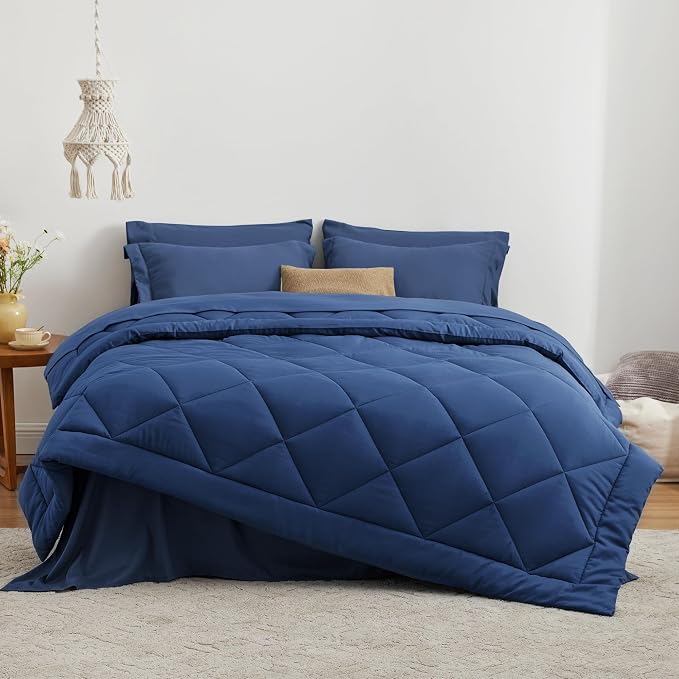 Love's cabin Queen Comforter Set Dark Blue, 7 Pieces Queen Bed in a Bag - Image 2
