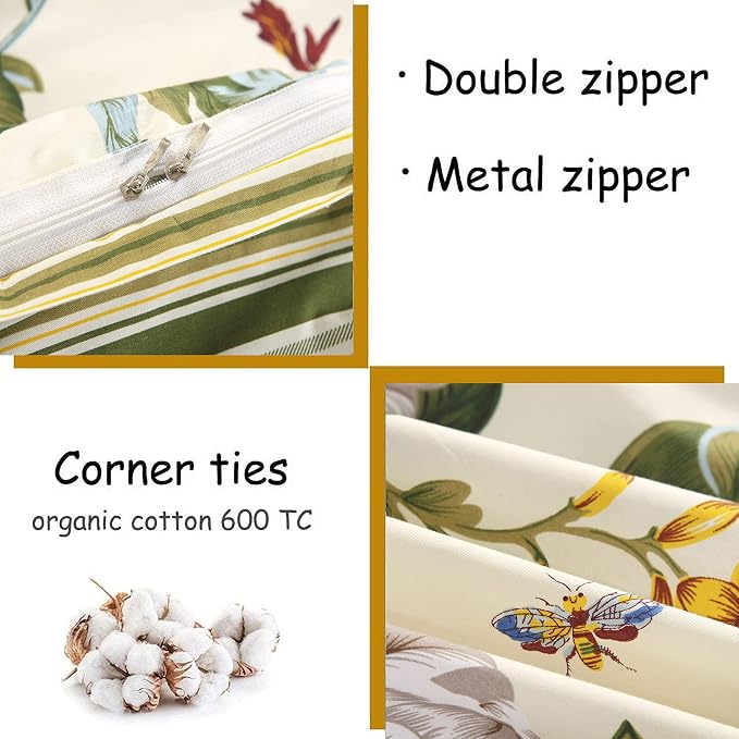 FADFAY Floral Duvet Cover Set 100% Cotton Green Striped and Beige Bedding White - Image 3
