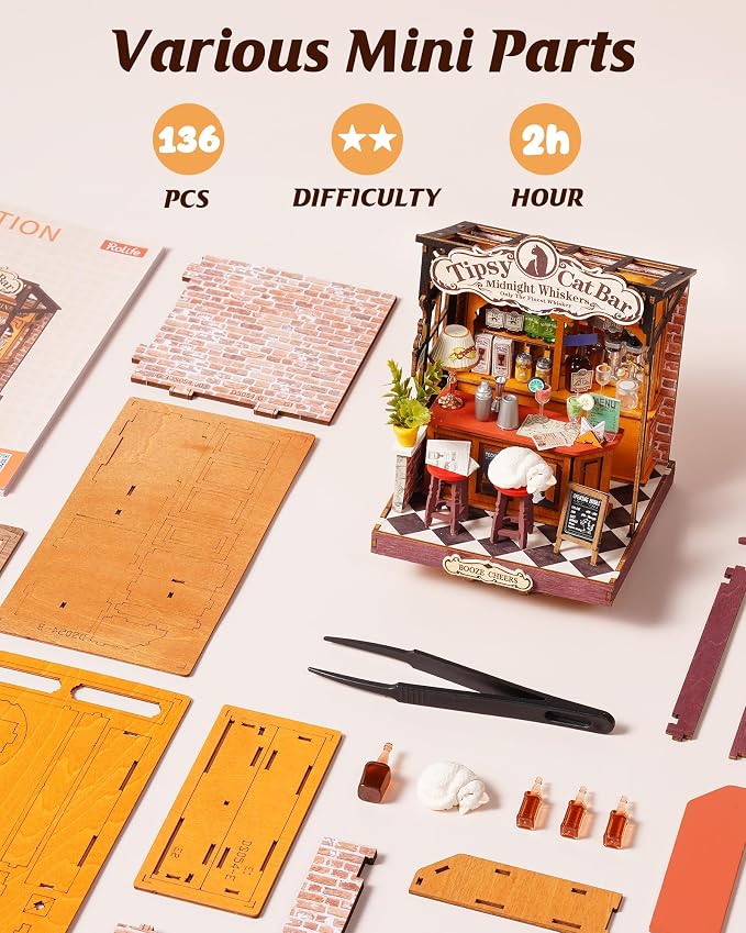 Rolife Miniature House Kit for Adults Tipsy Cat Bar DIY Wooden Dollhouse Kit - Image 4