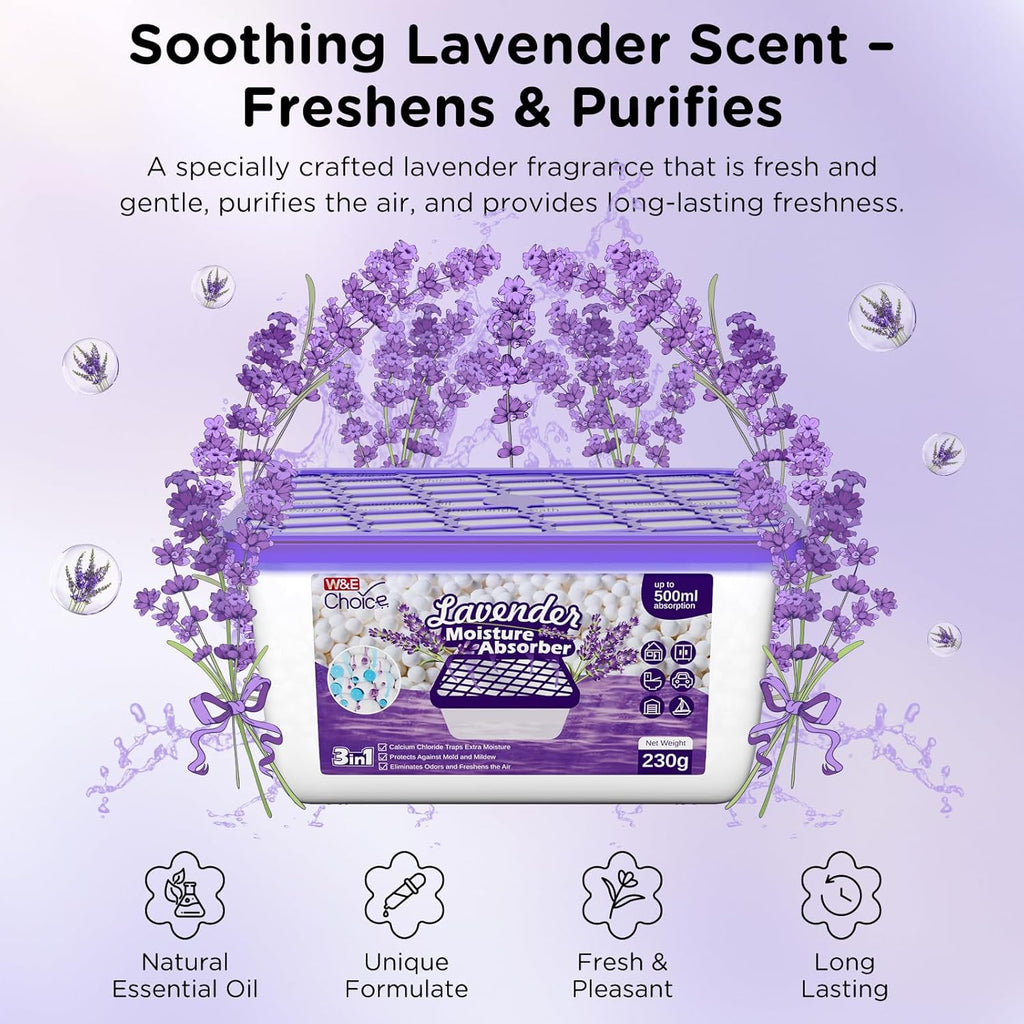 W&E Choice Moisture Absorbers with Lavender Scent, Portable Dehumidifier for Closet & Bathrooms, Kitchen, Humidity Absorber Odor Eliminator Absorber, 12Pack
