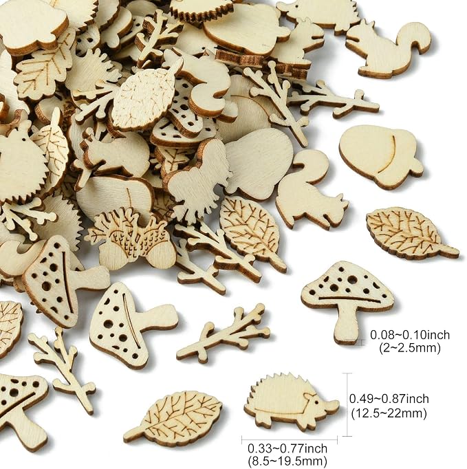 200 Pcs Unfinished Wooden Animal Plants Cutouts Squirrel Hedgehog Leaf Shapes - Image 2
