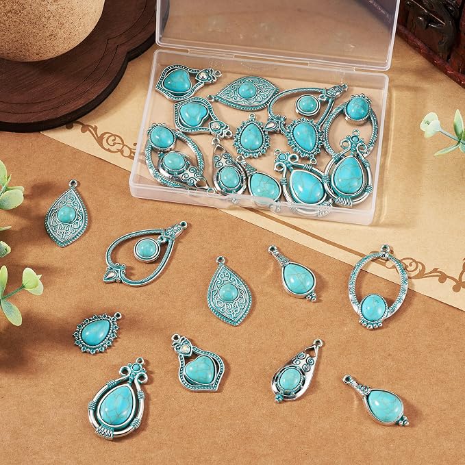 24Pcs Tibetan Style Turquoise Charms 8 Styles Heart Teardrop Oval Vintage - Image 2