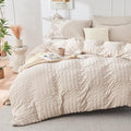 HYMOKEGE Beige Duvet Cover Queen Size, Ultra Soft 3-Piece Seersucker Duvet by HYMOKEGE