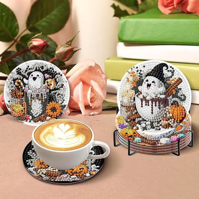 8 PCS Halloween Diamond Art Coasters Kits, Ghost Diamond Painting Coaster | - Image 4