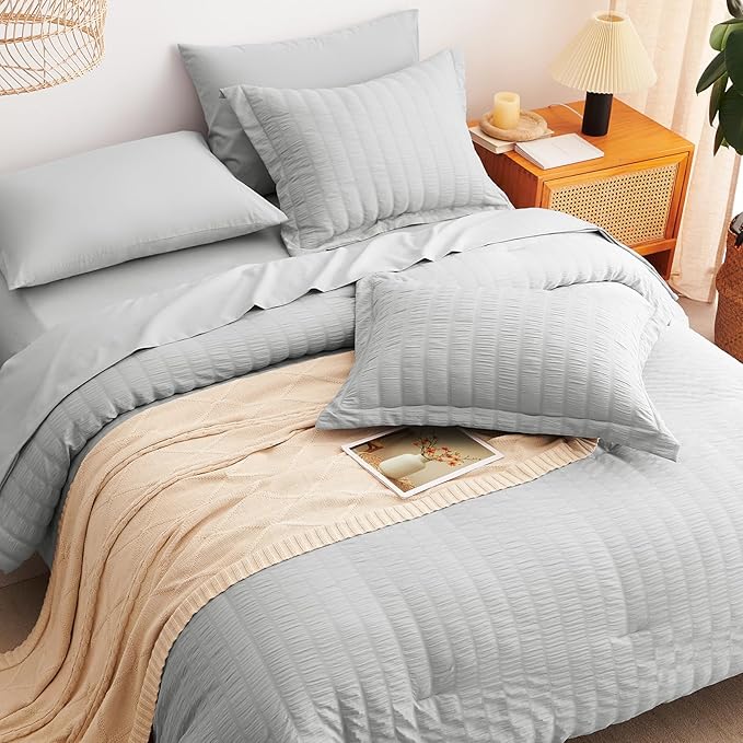 CozyLux Oversized King Comforter Set Light Grey Seersucker 7 Pieces 120x98 Bed - Image 6