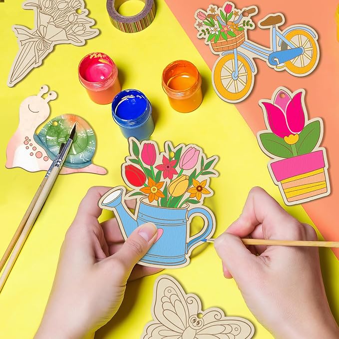 80PCS Wooden Spring Ornaments to Paint, 10 Styles DIY Blank Unfinished Wood - Image 2