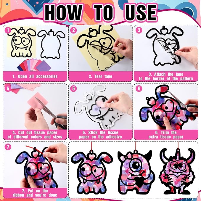 Eersida 32 Sets Valentine's Day Monster Suncatcher Craft Kit, DIY Stained Glass - Image 5