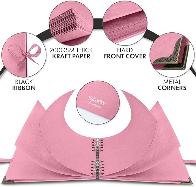 Bstorify Square Scrapbook Photo Albums 7 x 7 Inch Pink Thick Paper, Metal - Image 3