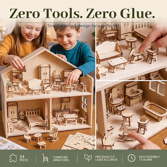 LOVEINUSA 34 PCS DIY Wooden Dollhouse Furniture Set, 1:20 Scale Miniature Room - Image 5