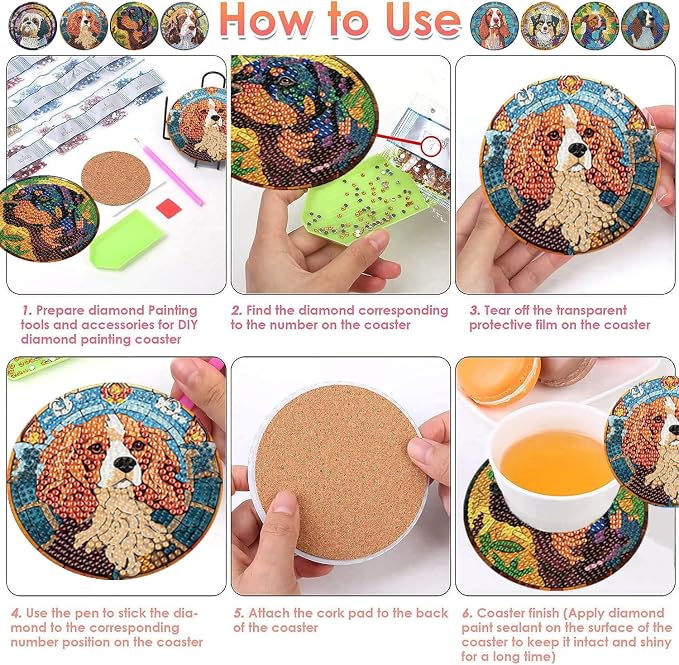 ijbnhd 8 PCS Dog Diamond Art Coasters Kit Diamond Painting Coasters | Dog - Image 6