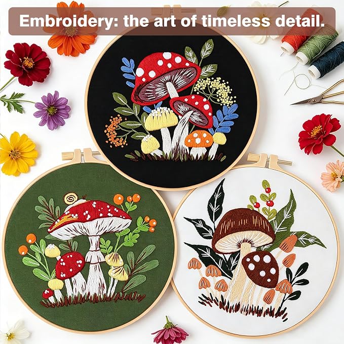 RidaaFri Embroidery Kit for Beginners, 3 Pk Stamped Mushroom DIY Craft Supplies - Image 4