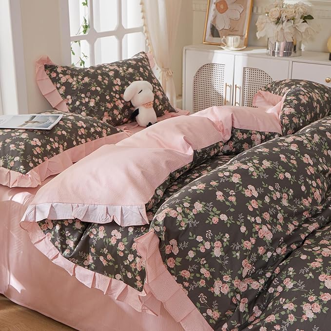 mixinni Vintage Floral Duvet Cover Set Queen Size – 100% Cotton Ruffle Lace - Image 2