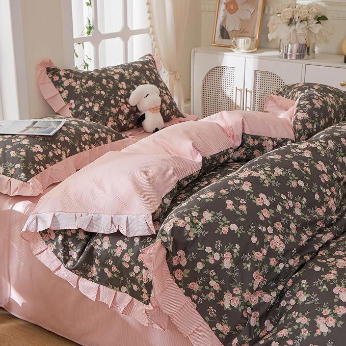 mixinni Vintage Floral Duvet Cover Set Twin Size – 100% Cotton Ruffle Lace - Image 2