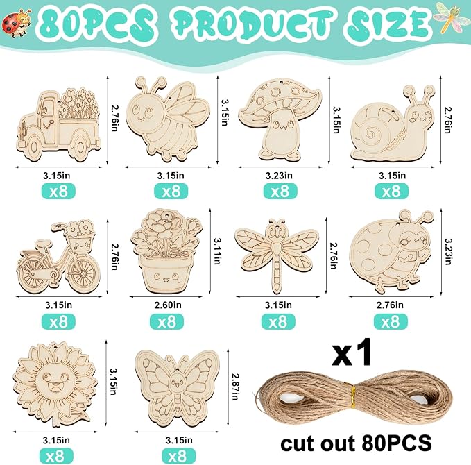 80PCS Unfinished Ornament Wood Crafts, Painting Blank Wooden Cutouts | DIY 10 - Image 2