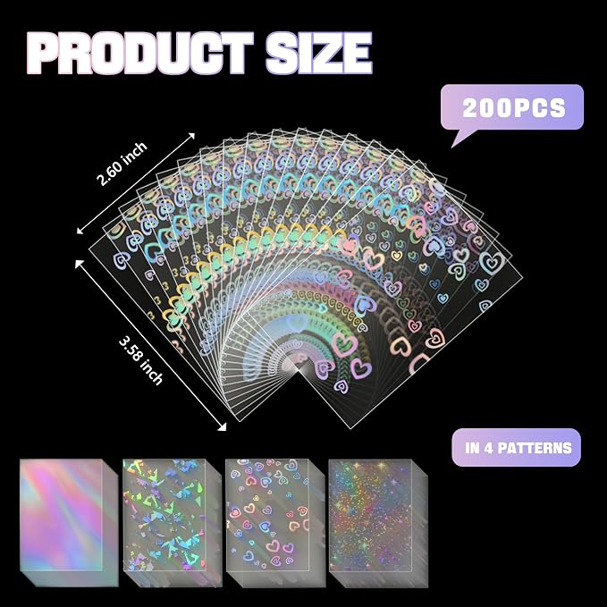 200pcs Holographic Card Sleeves 66x91mm Cute Photocard Sleeves Laser Flashing - Image 3