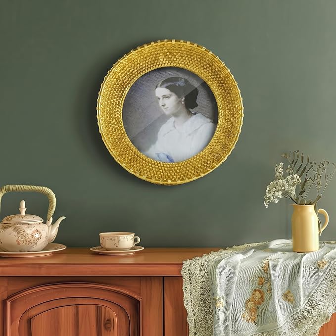 Cuspin 5x5 Round Picture Frame Gold, Vintage Woven Rattan Textured Circle Photo - Image 3
