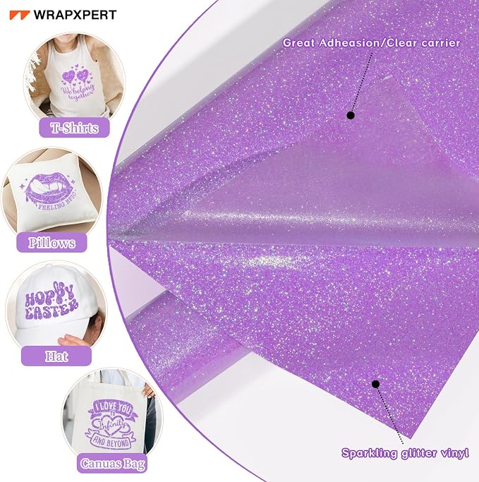 WRAPXPERT Lavender Glitter HTV Heat Transfer Vinyl Roll, Holographic Glitter - Image 2