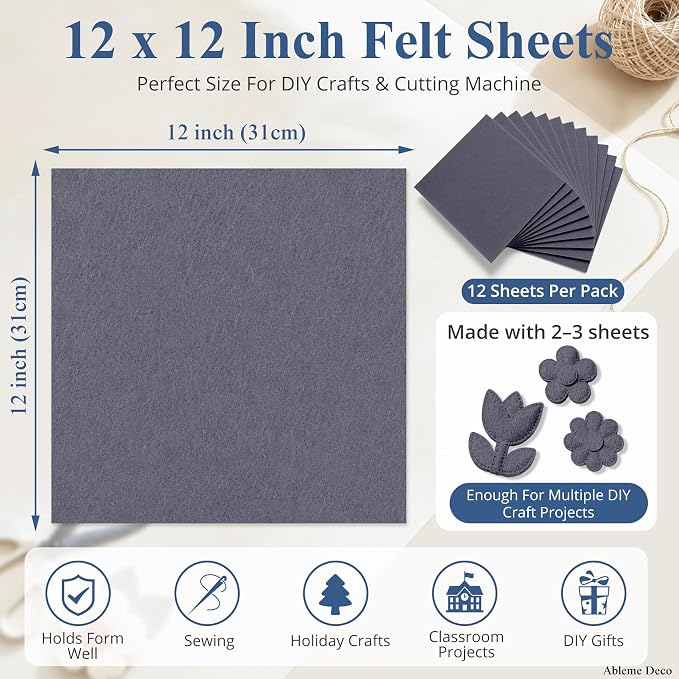 12" x 12" Felt Sheets for Crafts, 2mm Stiff Felt Fabric, Dark Gray | 2mm Thick - Image 3
