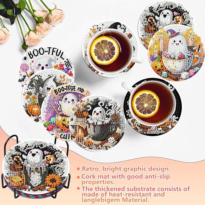 8 PCS Halloween Diamond Art Coasters Kits, Ghost Diamond Painting Coaster | - Image 5
