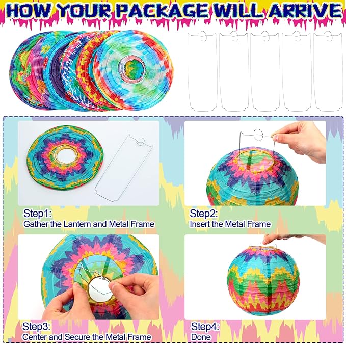 Panelee 12 Pcs Tie Dye Party Decorations Paper Lanterns 8 Inch Hanging Round - Image 3